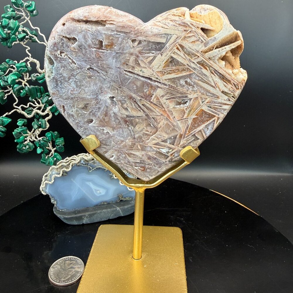 Pink Amethyst Calcite Lattice Structure Heart Carving Druzy Brazilian Crystal
